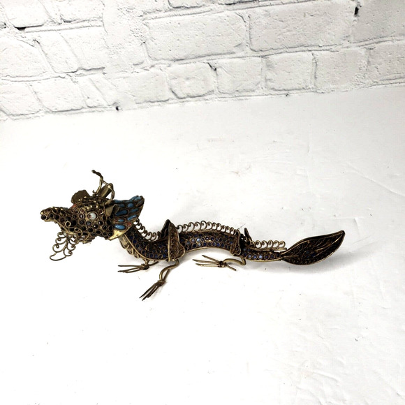 Vintage Asian Gemstone Inlaid Brass Filigree Dragon Sculpture, Himalayan Folk... - Picture 1 of 12